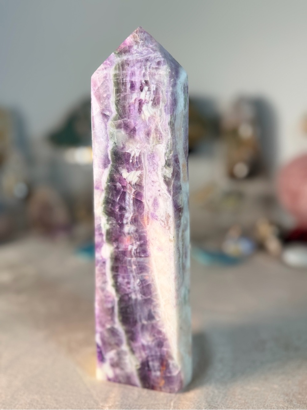 Large Green & Purple Fluorite Tower – Natural Rainbow Fluorite Crystal Point